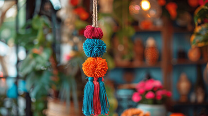 Naklejka premium Colorful pom-poms hanging as a decorative piece indoors.