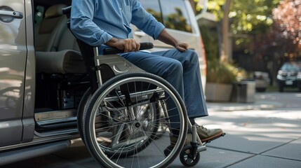 Man in wheelchair getting out of a vehicle. The image showcases an accessible transportation service for people with disabilities. It represents mobility, independence, and accessibility. AI