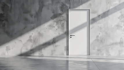 White door in a concrete wall with sunlight casting shadows.