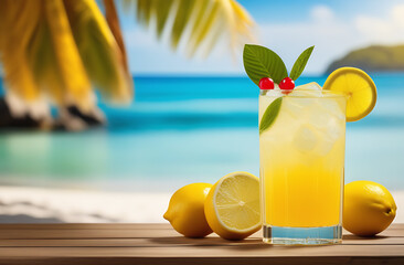 Banner Vacation summer cocktail lemonade with tropical fruits on the background of the beach, sea or ocean.