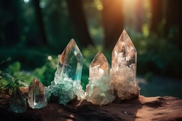 Forest quartz gemstones on natural background for esoteric magic crystal ritual, witchcraft, spiritual practice