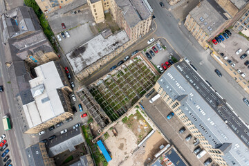Aerial drone photo of the city centre of Bradford, a town in Yorkshire in the UK showing an old...