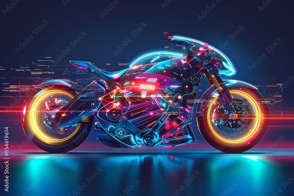 Poster a motorbike infographic in the hud style with analysis and diagnostics. scan and analyze a stock aut