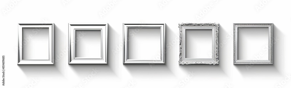 Poster an empty silver chrome metal photo frame on a transparent background. cutout with shaded shadows. mo