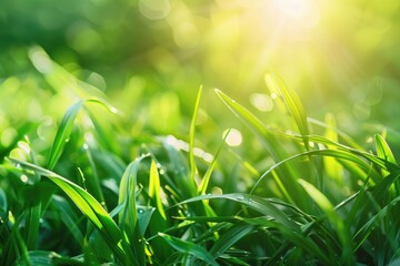 Fototapeta premium Beautiful natural background macro image of young juicy green grass in bright summer spring morning sunlight.