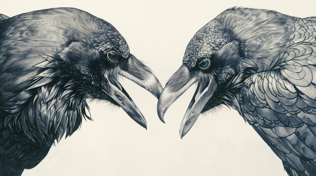 Illustration of two crows facing each other &ndash; Symbol of confrontation