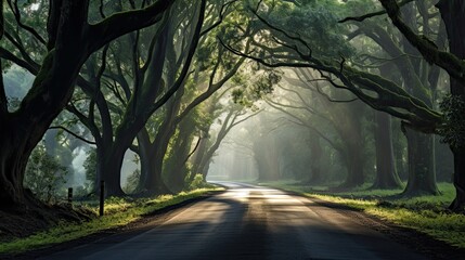 Obraz premium Deserted country road disappears into fog of an early morning. lined with ancient trees form a tunnel overhead.