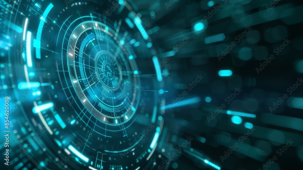 Poster featuring abstract circular elements and glowing lines in cobalt and turquoise shades, this hud inte