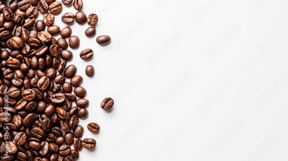 Poster Coffee beans on white surface with space for text