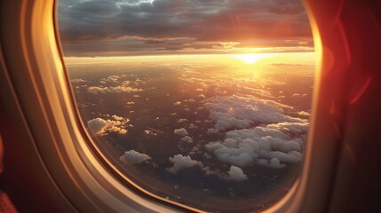 Breathtaking view of town and cloudless sundown sky behind window of aircraft during flight