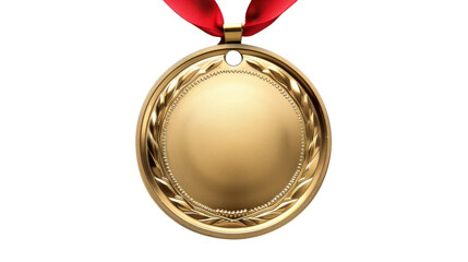 A shining gold medal with intricate detailing and a red ribbon on a transparent background
