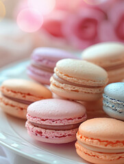 Obraz premium Colorful macarons and pink roses in the background on a white plate.
