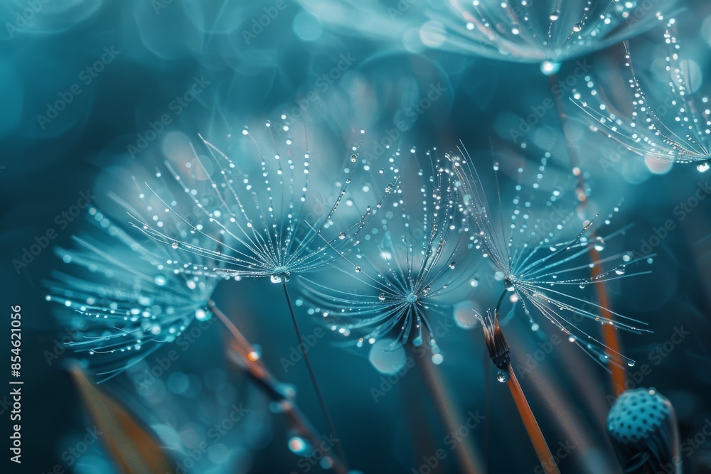 Poster natural macro image of dandelion seeds in drops of dew on a blue and turquoise background. drops of 