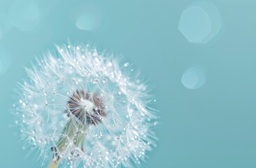 Soft light blue-violet background. Water drops on a parachutes dandelion over a dark blue background. Dreamy dreamy tender artistic image.