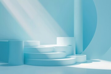 Beautiful minimalistic light blue background for product presentation with podiums on different tiers.