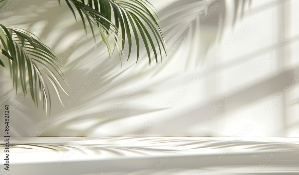 Poster the background is minimal abstract light olive. it has a shadow of tropical leaves from the window o