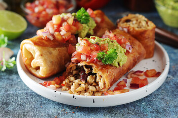 A typical dish of Mexican cuisine - Chimichanga, made of tortilla with different ingredients	