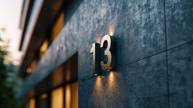House number 13 on a modern building wall at dusk.