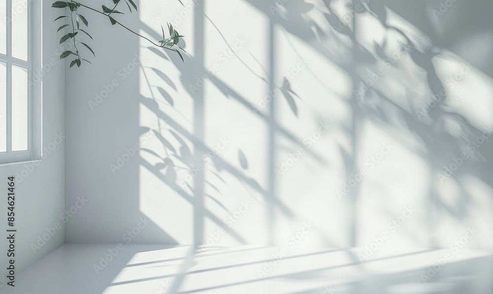 Poster abstract minimalist background with light and shadow of window curtains for product presentation.