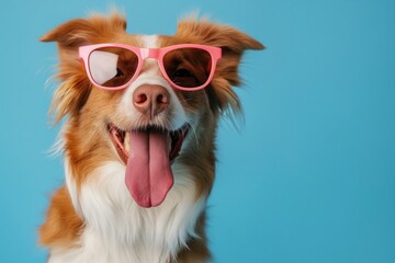Cool dog wearing pink sunglasses against a blue background, showcasing a playful and fun vibe. Perfect for pet and summer-themed projects.