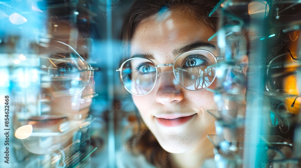 Poster female technician with glasses looking at a server rack in a data center. conceptual technology imag