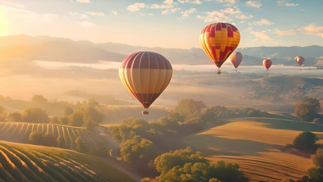 Hot air balloons over misty fields at dawn