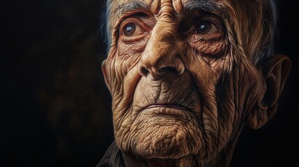 Realistic portrait of an elderly man with deep wrinkles and expressive eyes, set against a dark background, capturing the wisdom and emotion of age.	