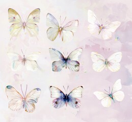 Featuring four lovely white butterflies Pieris napi in different poses fluttering on a white background with black spots and streaks.