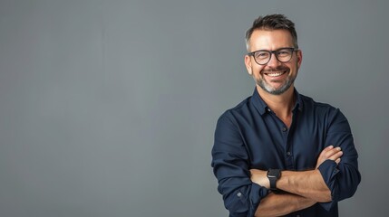 Smiling bearded man with glasses in casual wear standing with his arms crossed against gray background. Professional and friendly vibe for corporate or business use. This is a concept image. AI