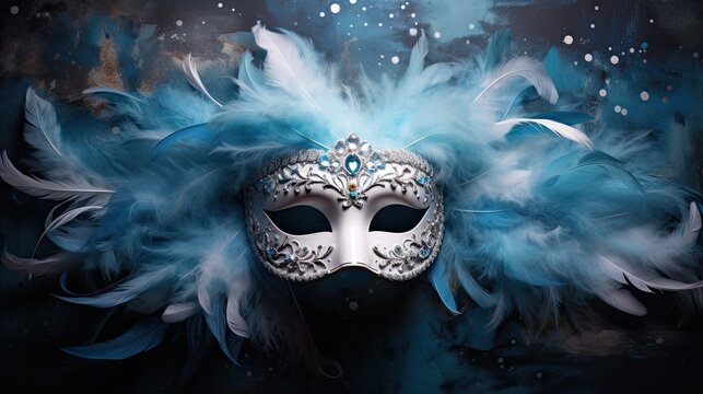 blue masquerade mask with fluffy white feathers and silver glitter