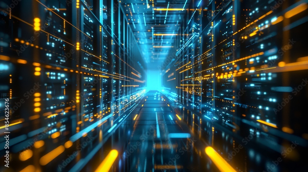 Poster an image of a corridor in a data center filled with rack servers and supercomputers with an internet
