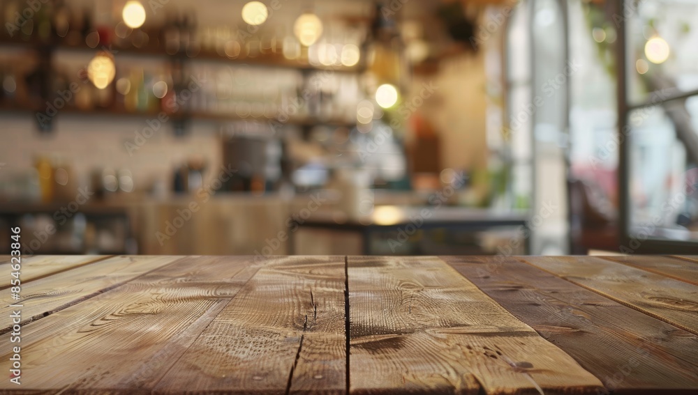 Poster the background is blurred soft light and a rustic wood table is empty and vacant in a restaurant. pr