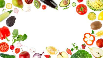 Frame with different fruits and vegetables isolated on white background. Copy space, top view