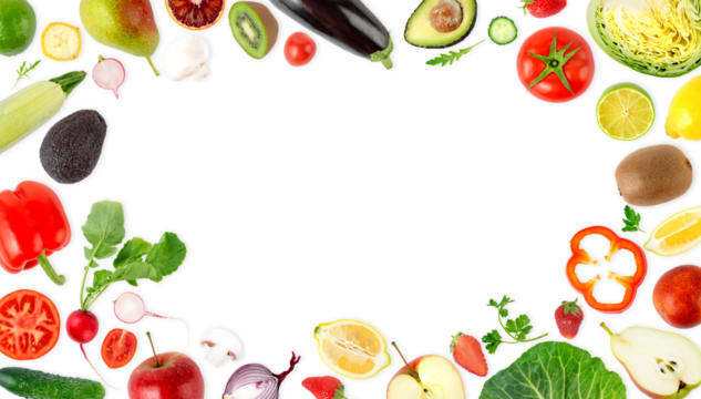 Frame with different fruits and vegetables isolated on white background. Copy space, top view