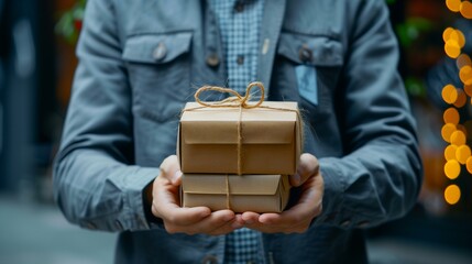 Delivery man holding package, box courier professional helpful