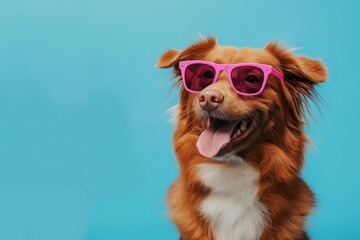 Cool dog wearing pink sunglasses against a blue background, showcasing a playful and fun vibe. Perfect for pet and summer-themed projects.