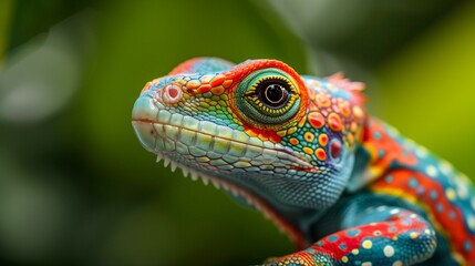 Obraz premium Multicolored bright-scaled lizard looking at camera with blurred green background tropical, animal wild rainforest