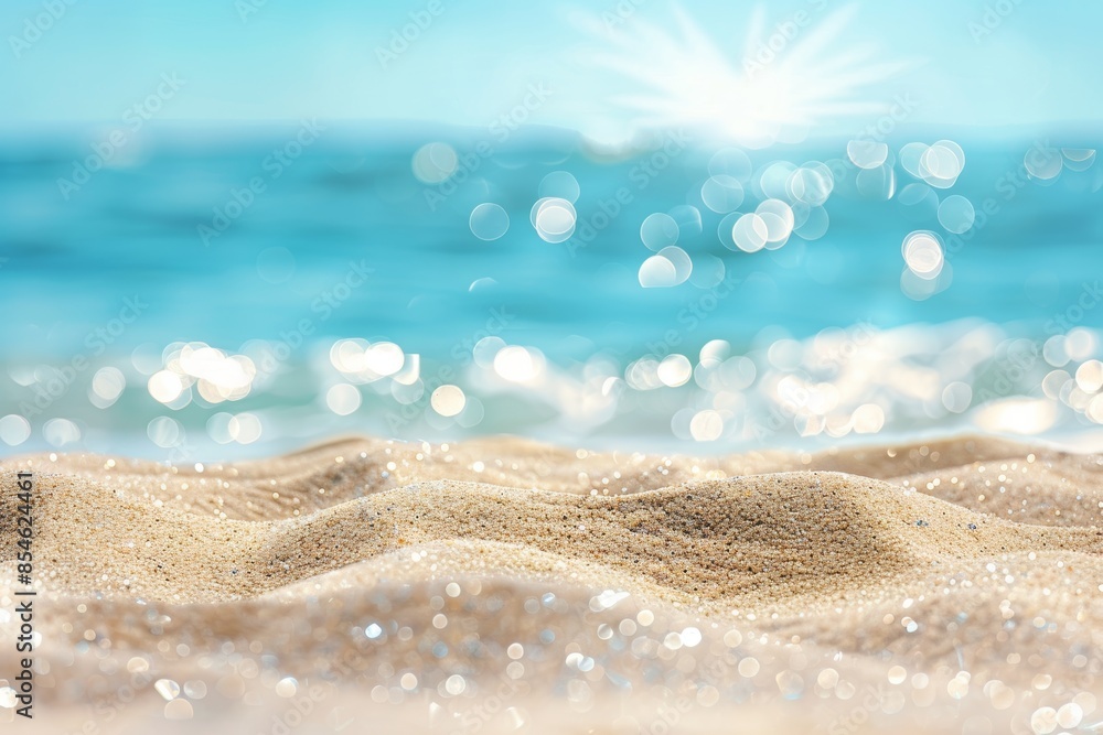 Poster abstract beach background with blurred bokeh light of calm sea and sky. foreground sand is emphasize