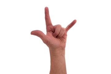 Hand signs. I love you. Male hand representing english letter meaning I love you isolated on white background.