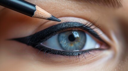 Woman applying black eyeliner pencil on upper lash line, mascara face portrait eye