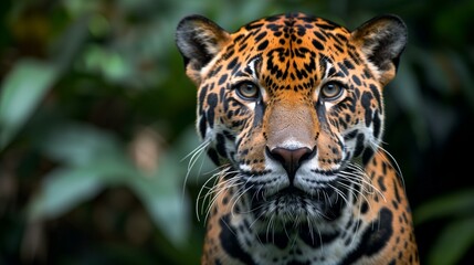 Jaguar staring at camera with intense look, jungle eye green