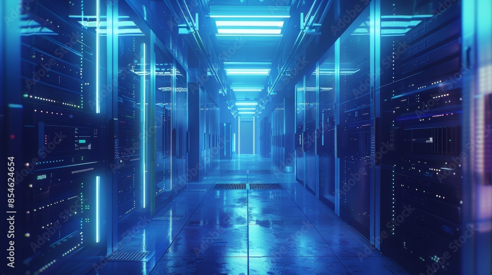 Poster an image of a fully operational data center with multiple rows of fully operational server racks. cl