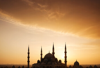 the sun sets over the blue mosque in dubai