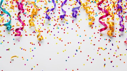 Vibrant Party Festivities With Confetti and Streamers on a White Backdrop