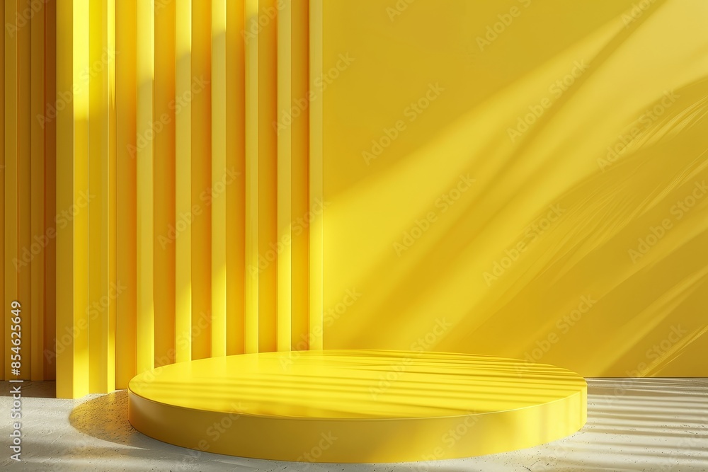 Aufkleber a yellow pedestal display on a vivid background with a blank stand for showing a product. 3d renderi