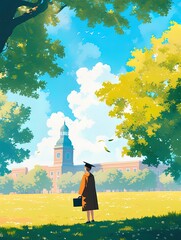 Cartoon illustration of the graduation season poster for the college entrance examination, with a student wearing a bachelor's hat standing on the grass on campus
