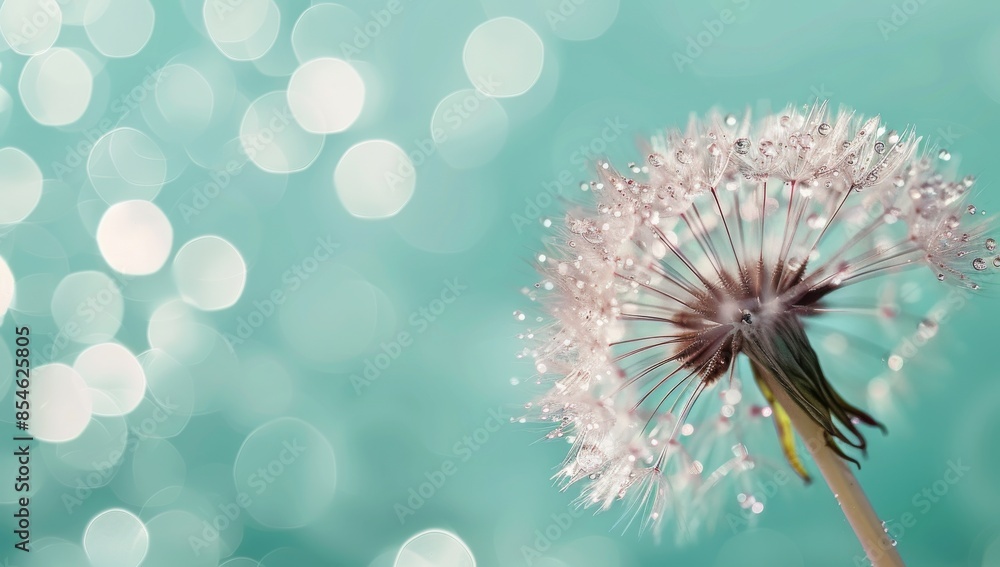 Poster dew droplets in nature on dandelion seeds. macro close-up with sparkling bokeh. dark blue green back