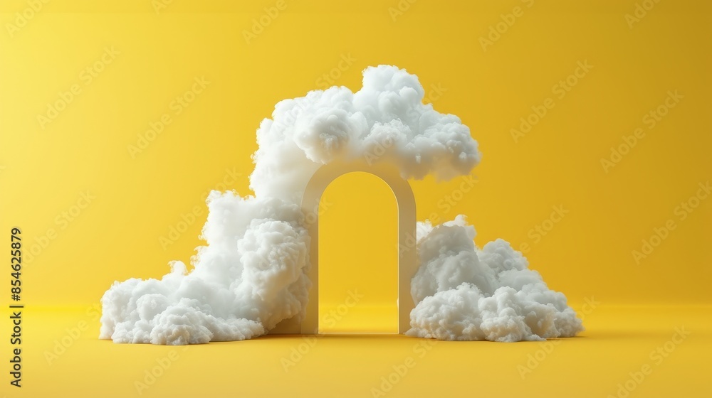 Poster white clouds fly out of the tunnel in 3d render of abstract minimal yellow background