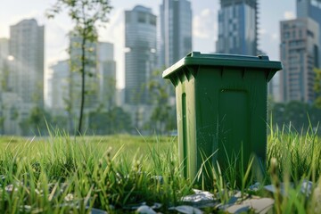 Fototapeta premium green bin in green land scape city
