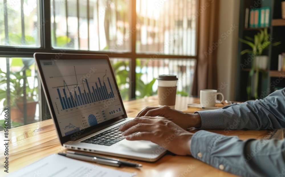 Aufkleber the analyst uses a computer and dashboard for data analysis and management systems with kpi and metr